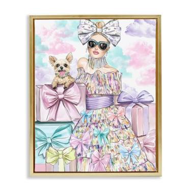Imagem de Stupell Industries Design de arte de parede em tela flutuante de ouro com fita feminina e filhote de cachorro fashion por Jess Stempel, 78 x 63 cm