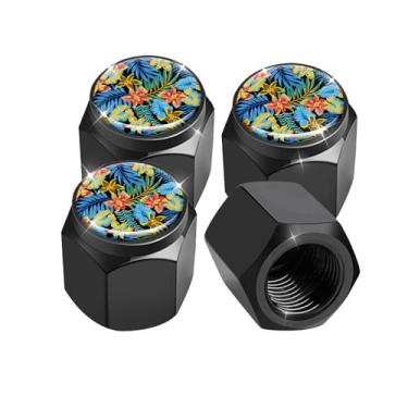 Imagem de Pacote com 4 tampas de haste de válvula de pneu, tampas de haste de roda de carro, tampas de válvula de ar de alumínio, ajuste universal para carros, SUVs, caminhões, bicicletas e motocicletas (floral