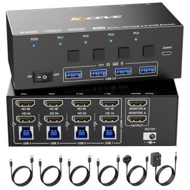 Imagem de KVM Switch 2 monitores 4 computadores HDMI, KCEVE 8K @60Hz, 4K @144 Hz USB 3.0 KVM Switcher Box com emulador EDID para 4 computadores, compartilham mouse teclado e monitor, chip estável, ótima
