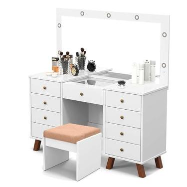 Imagem de Penteadeira Camarim Com LED Banqueta Espelho 9 Gavetas 137cm Eloá Patrimar Branco