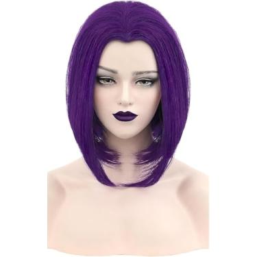 Imagem de PORSMEER Peruca feminina de corvo, fantasia de super-herói, cosplay, curta, roxa, bob, reta, perucas de fantasia de Halloween para mulheres