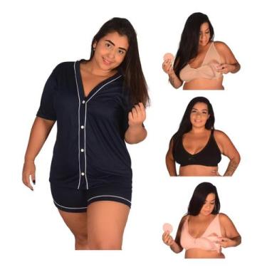 Imagem de Kit 1 Pijama Americano PLUS SIZE Curto de Botão +3 Sutiãs Amamentação 