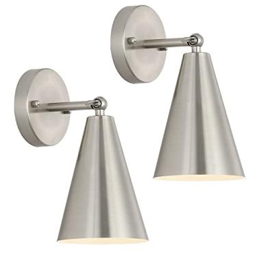 Imagem de MWZ Conjunto de dois arandelas de parede de níquel escovado, luminárias de parede modernas com sombra de metal prateado, lâmpada de braço oscilante para montagem em parede interna para quarto