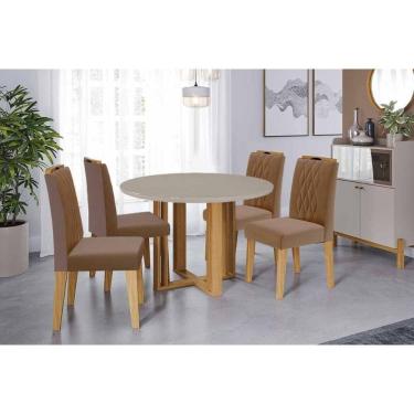 Imagem de Conjunto: Mesa Sala Jantar Flora Tampo Madeirado c/ Vidro 109cm e 4 Cadeiras Juliana Cinamomo/Off White - Carvalho/Suede Joli Capuccino - Cimol
