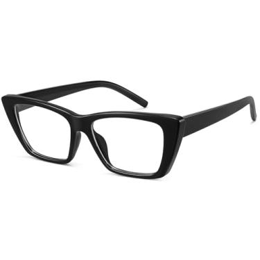 Imagem de WOWSUN Óculos de sol estreitos pequenos vintage polarizados olho de gato para mulheres, Lente transparente com armação preta, Standard