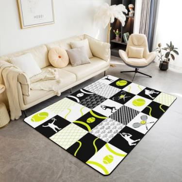Imagem de Feelyou Tapete de área de tênis infantil, tamanho completo, conjunto de tapetes decorativos, tênis, jogos, sala de estar, amarelo, branco, preto, xadrez, interior, decoração de quarto, tapete