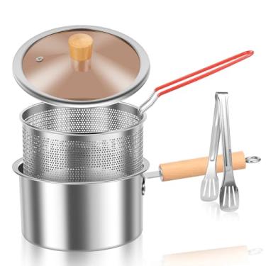 Imagem de Frigideira de aço inoxidável fritadeira de aço inoxidável com cesta panela de fritar portátil com tampa, economia de óleo, fritadeira pequena de gordura profunda para fritar peixe, camarão, frango e