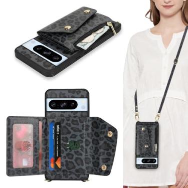 Imagem de Lipvina Capa para Google Pixel 8 Pro com suporte para cartão e alça - Bolso com zíper, alça transversal, porta-cartão de crédito, linda capa carteira de telefone para mulheres (leopardo preto)