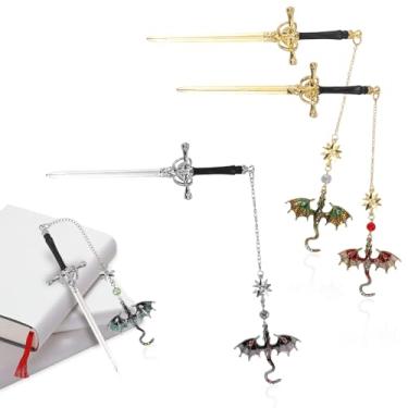 Imagem de 4 marcadores de página de espada de dragão de asa, marcador de página de fantasia de quarta asa, marcador de livro de metal de dragão voador com borla, pingente de chave de marcador de página de