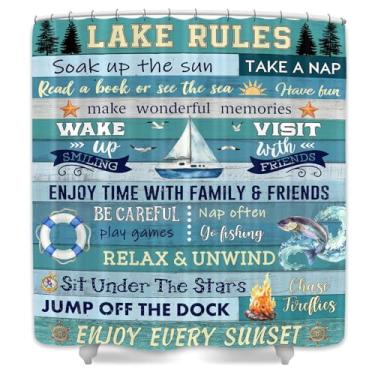 Imagem de Cortina de chuveiro Lake Rules, azul-fazenda, vintage, porta de celeiro, citações inspiradoras, cabana rústica, acampamento, lago, casa, casa, casa, acessórios de banheiro com ganchos, 169 x 170 cm
