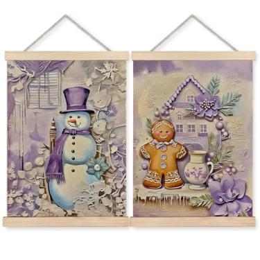Imagem de BearCake Moldura de pôster de arte de parede roxa vintage de Natal, decoração roxa de Natal, boneco de neve de conto de fadas, decoração de parede de pão de gengibre para casa, quarto, sala de estar