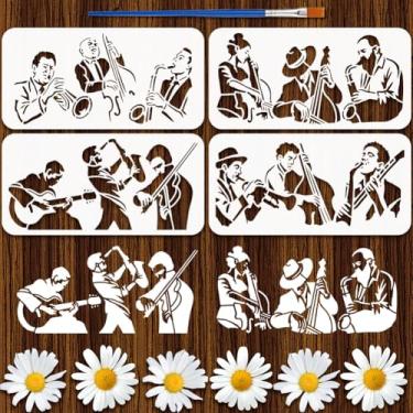 Imagem de FINGERINSPIRE 4 peças de estêncil de pintura musical com pincel de plástico 15 x 30 cm modelo de desenho violino violino violino guitarra instrumentos trompete estêncil modelo tema personagem para