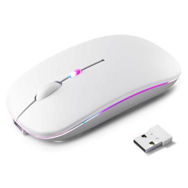 Imagem de Mouse Sem Fio Recarregável, Ergonômico, com Led RGB, Conexão Dual Bluetooth 5.0/USB 2.4GHz, DPI Ajustável, perfeito para Notebook, Laptop,PC, Desktop, Silencioso (Branco)
