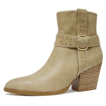 Imagem de SICARE Botas femininas de salto empilhado grosso, bico fino, Chelsea, botas de combate até o meio da panturrilha, zíper lateral, prata, cravejada, tira cravejada, sapatos sociais de outono, Damasco