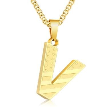 Imagem de Zocomi Colar com pingente de inicial da bandeira americana para homens e meninos, corrente de aço inoxidável 316L A-Z caixa de letras 50 + 5 cm joias presentes, Aço inoxidável, Sem Pedra Preciosa