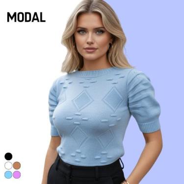 Imagem de Blusa Tricot Modal Losango Manga Curta - Vitrine Collection, Azul bebê