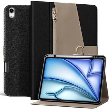 Imagem de XFYKJIN Capa de couro de microfibra premium para iPad Air de 13 polegadas (6ª geração 2024/2025 M2/M3) | Preto e cinza em dois tons com bolso com zíper, fecho de fivela, suporte para lápis, despertar