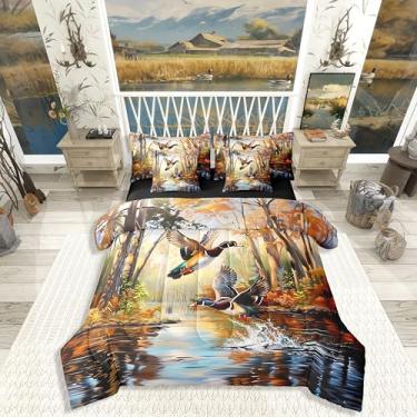Imagem de Erosebridal Woodland Mallard Duck King Conjunto de edredom com lençol rústico campo, 7 peças, para homens, meninos, patos selvagens, pesca e caça, lençol de cama em uma bolsa