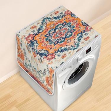 Imagem de Tapete de cobertura para máquina de lavar roupa boêmio - almofada superior para secadora antiderrapante, decoração de lavanderia boho chique, protetor de poeira para eletrodomésticos (padrão étnico