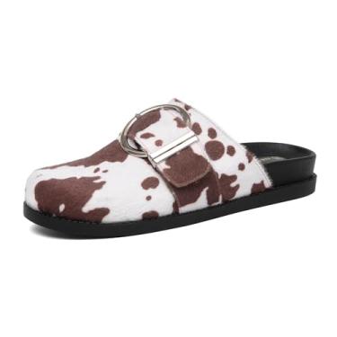 Imagem de NEWBELLA Sapatilhas femininas plataforma – Lonas de pelo sintético de leopardo com fivela de metal, tamancos de bico redondo com suporte de arco para uso casual, Oncinha marrom, 36
