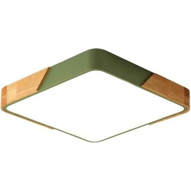 Imagem de Lustre de teto industrial nórdico de madeira, luminária embutida LED de 3 cores regulável com painel de design criativo, iluminação verde simples e moderna (50 cm)