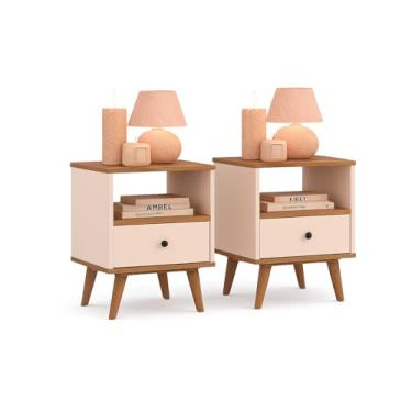 Imagem de Kit 2 Mesas de cabeceira OffWhite quarto 1 gaveta e um Nicho pés palito Ted