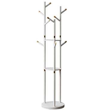 Imagem de Cabide de madeira para cabide de madeira, suporte giratório com 3 prateleiras de armazenamento e 9 ganchos para hall de entrada, casaco, chapéu, cabide de bolsa (cor: natural, tamanho: B) (/ branco A)