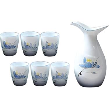 Imagem de JOEUQK Conjunto de copos de saquê japonês 7 peças tradicionais de cerâmica com 1 garrafa de servir saquê e 6 copos de saquê, D