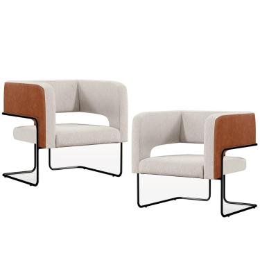 Imagem de Kit 02 Poltronas Scarlett D02 Base Aço Preto Couríssimo Camel B-14 Linho Cru C-443 - Lyam Decor