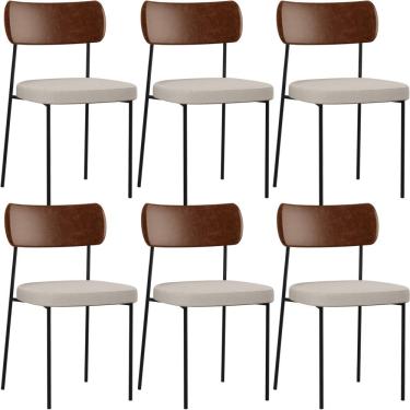 Imagem de Kit 06 Cadeiras Para Sala De Jantar Melina L02 Couríssimo Marrom Linho Cru - Lyam Decor