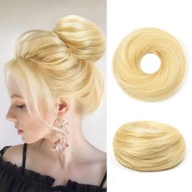 Imagem de TANJET Pedaço de cabelo de coque bagunçado loiro ondulado elástico 100% cabelo humano real despenteado Chignons Scrunchies extensões de rabo de cavalo para mulheres (#613 Loiro)