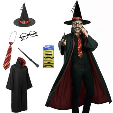 Imagem de Wizard Cloak Magician Robe Costume with Hat Wand Tie Beard Scarf, 7-piece Set for Adult Teens Warlock Magic Sorcerer Vampire Cosplay Outfit Men Women Halloween Dress Up Party Props (Red, Small)