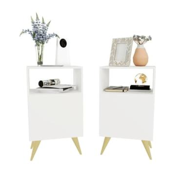 Imagem de Kit 2 Mesas de Cabeceira Retrô para Quarto Branco com Porta e Nicho