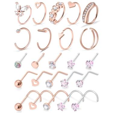 Imagem de Oicctyzio Piercing de nariz de 20 g, piercing de argola hipoalergênico, multicolorido, aço cirúrgico para mulheres e homens, Metal, Zircônia cúbica