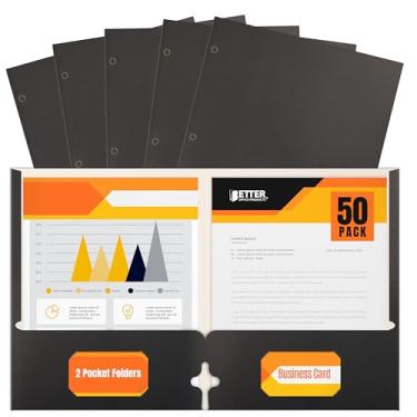 Imagem de Pasta de dois bolsos, pacote com 50, preta, pasta de papel tamanho carta, da Better Office Products, 50 peças, preta