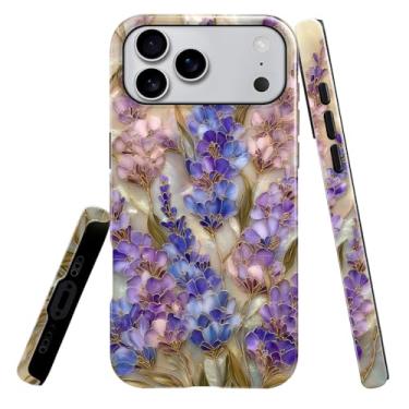 Imagem de heindiy Compatível com iPhone 17 Pro Max, capa brilhante, proteção total, à prova de choque, anti-arranhões, capa de TPU, capas para homem mulher - lavanda flor flor vitral