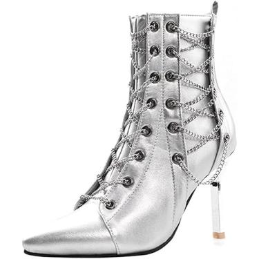 Imagem de Botas de cano curto femininas de salto fino moda com cadarço bico fino botas de couro camurça grossa zíper lateral botas curtas, Prata, 34 BR