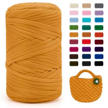 Imagem de JeogYong Fio de camiseta, 400 g/130 metros de tecido elástico para crochê, fita grossa de tecido de poliéster para sacos de crochê/cestas/tapetes, decoração de casa, artesanato DIY (amarelo)