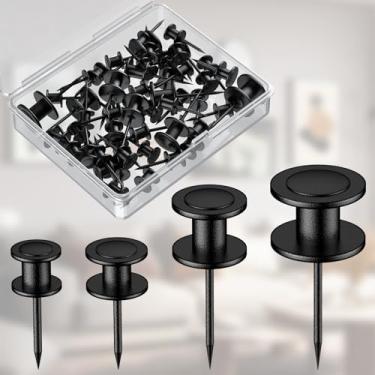 Imagem de 40 tachinhas de polegar, ganchos de cabeça dupla, 4 pinos de pressão para parede, pregos para pendurar fotos, ganchos de parede longos para moldura de fotos, preto