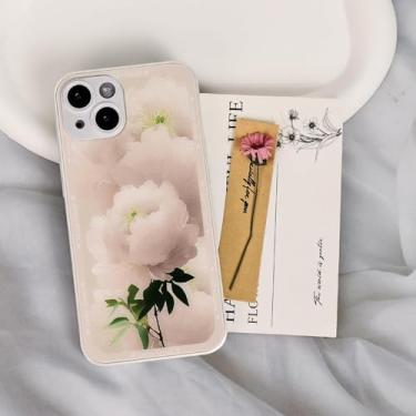 Imagem de Capa de telefone compatível com iPhone 15, resistente a quedas com flor de peônia branca, capa de telefone de vidro temperado para mulheres