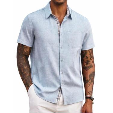 Imagem de Camisa masculina COOFANDY de linho de manga curta azul