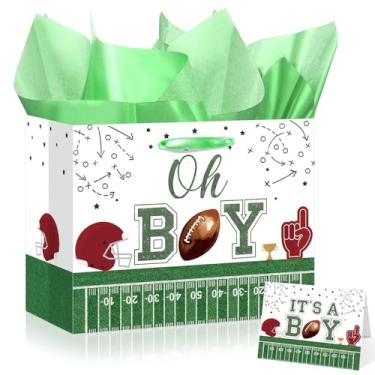 Imagem de It's a Boy Baby Shower Bolsa de presente de aniversário de futebol americano decorações de chá de bebê Welcome Little One Bolsa de papel de embrulho de presente de rúgbi com cartão de felicitações