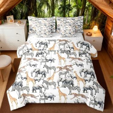 Imagem de Feelyou Jogo de edredom com animais da selva, 7 peças, solteiro, elefante em uma bolsa, para crianças, meninos, meninas, zebra, decoração de quarto de girafa, leopardo, estampa de guepardo, cinza