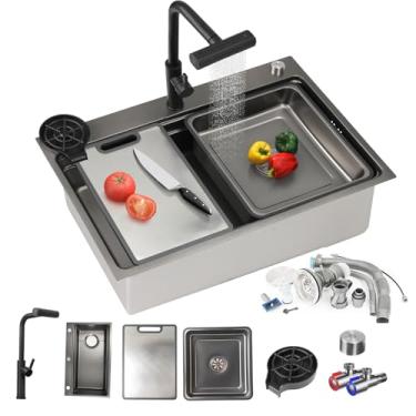 Imagem de Pia de cozinha em cascata preta com arruela de copos, pias de cozinha de aço inoxidável com torneira de cascata de mola/botão de drenagem/tábua de cortar (75 x 46 cm)
