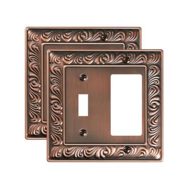 Imagem de TREEWELL Pacote com 2 placas de cobertura para interruptores de luz decorativas, padrão paisley, capas de tomada de parede decorativas de cobre antigo, placas de interruptor de parede de metal e capas