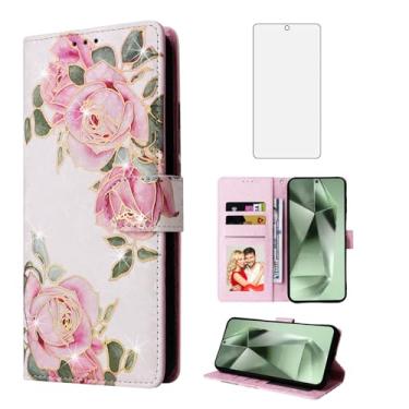 Imagem de Asuwish Capa de celular para Samsung Galaxy S25 FE 5G carteira celular com protetor de tela de vidro temperado bloqueio RFID porta-cartão de flor suporte S 25 EF S25FE 25S 25FE mulheres homens rosa