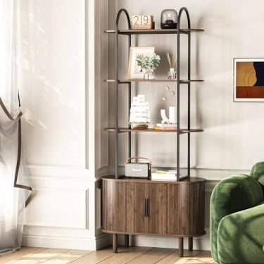 Imagem de Espelism Prateleira de exibição de 180 cm de altura de meados do século com portas deslizantes, toca-discos de vinil independente de 4 camadas, armário de armazenamento canelado para sala de estar