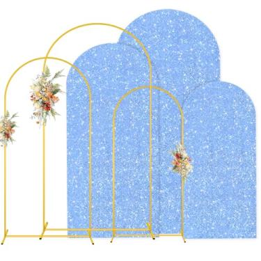 Imagem de MODFUNS Conjunto de suporte e capa de pano de fundo de arco de metal, 1,2 e 1,5 m e 1,8 m azul claro lantejoulas arco, conjunto de 3 capas de arco de balão romântico com capas para decoração de festa