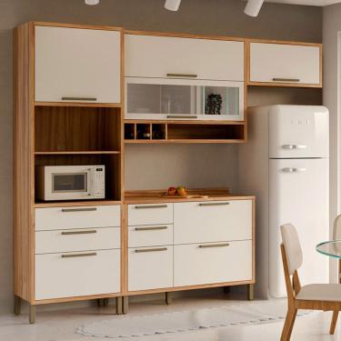 Imagem de Armário de Cozinha com Balcão e Tampo 7 Portas 5 Gavetas Pérola 100% Mdf Vidro Reflecta Amêndoa/Branco - Pnr Móveis