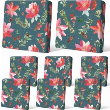 Imagem de Tingjoo 8 peças de capa de almofada elástica para sofá para área externa para substituição de móveis de pátio, capas de sofá para cadeira, protetor macio de flexibilidade (poinsétia de Natal)